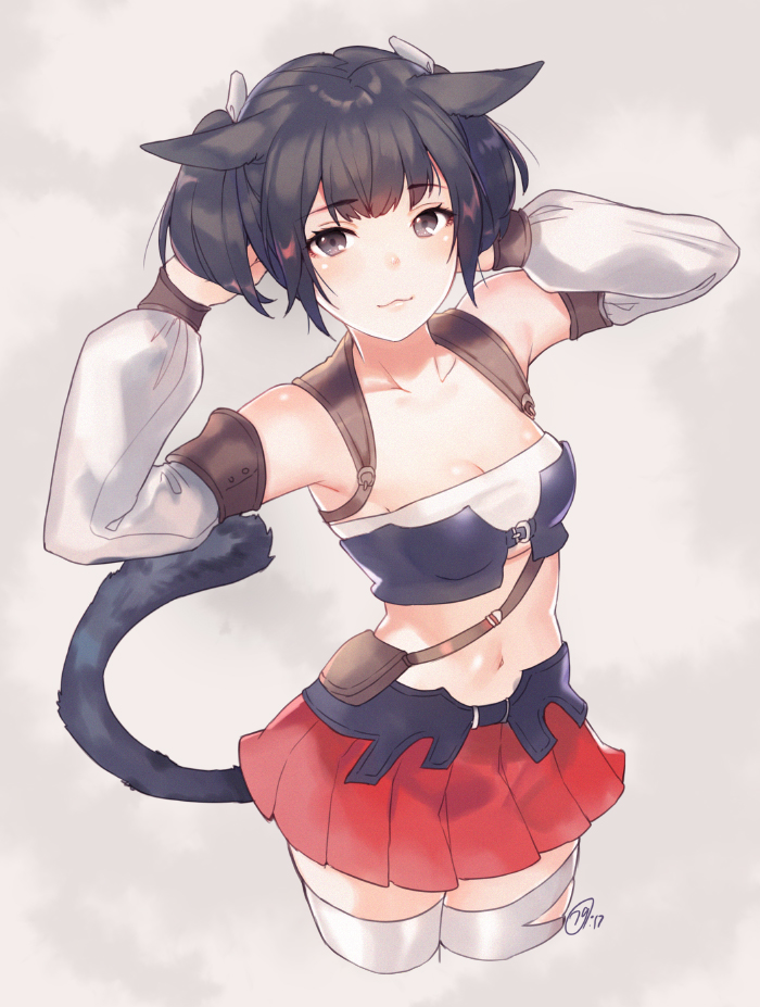 1girl :3 animal_ears armpits arms_behind_head arms_up bag bandeau belt belt_buckle black_hair blush breasts brown_eyes buckle cat_ears cat_tail cleavage closed_mouth collarbone cropped_legs detached_sleeves eyebrows_visible_through_hair final_fantasy final_fantasy_xiv grey_background long_sleeves medium_breasts miqo'te naguri navel pink_lips pleated_skirt red_skirt satchel short_hair signature simple_background skirt solo standing stomach strapless tail tareme thigh-highs two_side_up white_legwear zettai_ryouiki