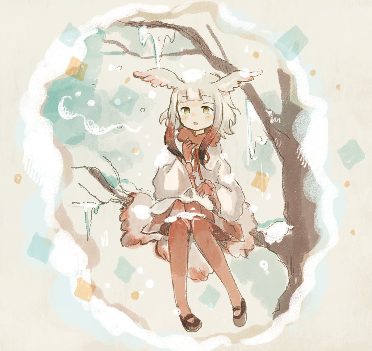1girl bangs bare_tree beige_background blunt_bangs blush breath buttons clenched_hand collar commentary crested_ibis_(kemono_friends) expressionless frilled_sleeves frills fur_collar gloves gradient_hair hand_on_own_chest head_wings in_tree kemono_friends long_sleeves looking_at_viewer mary_janes multicolored_hair music muted_color nose_blush onigiri_(ginseitou) open_mouth outdoors pantyhose pleated_skirt red_gloves red_legwear redhead shirt shoes short_hair short_hair_with_long_locks sidelocks singing sitting sitting_in_tree sketch skirt snow solo tareme tree two-tone_hair white_hair white_shirt wide_sleeves wings winter yellow_eyes