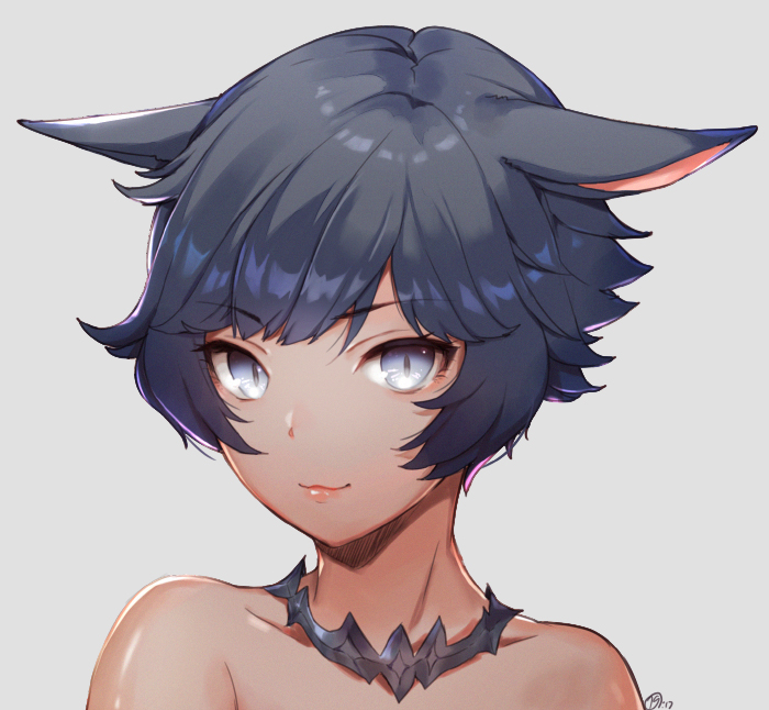 1girl :e animal_ears bare_shoulders black_hair blue_eyes cat_ears closed_mouth collar collarbone dark_skin ears_down face final_fantasy final_fantasy_xiv grey_background looking_at_viewer miqo'te naguri pink_lips portrait signature simple_background solo upper_body