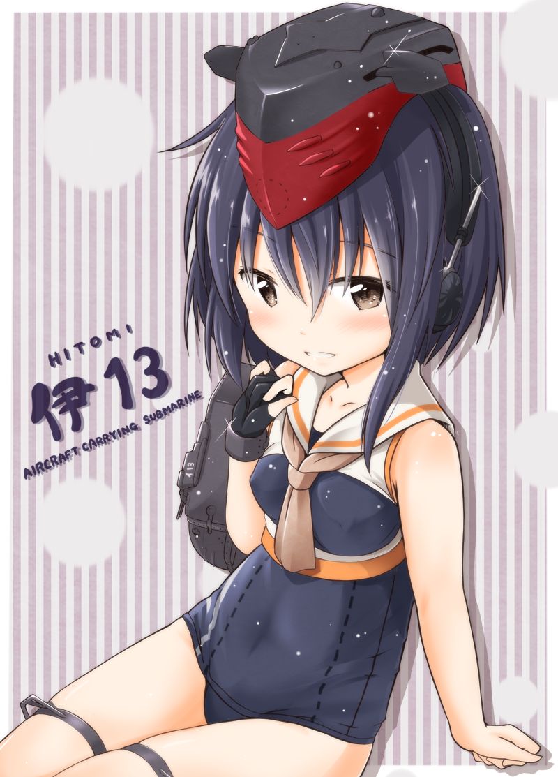 arm_support asymmetrical_hair bare_arms black_hair blush brown_eyes character_name fingerless_gloves gloves hair_between_eyes hand_on_own_shoulder hat headphones i-13_(kantai_collection) kantai_collection looking_at_viewer neckerchief parted_lips school_swimsuit short_hair single_glove skindentation striped striped_background swimsuit thigh_strap tobi_(nekomata_homara)