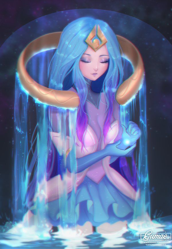 1girl artist_name blue_gloves blue_skirt breasts closed_eyes closed_mouth elementalist_lux eyeshadow gloves league_of_legends lipstick long_hair luxanna_crownguard makeup mary_montes medium_breasts partially_submerged purple_lipstick skirt solo standing water watermark web_address