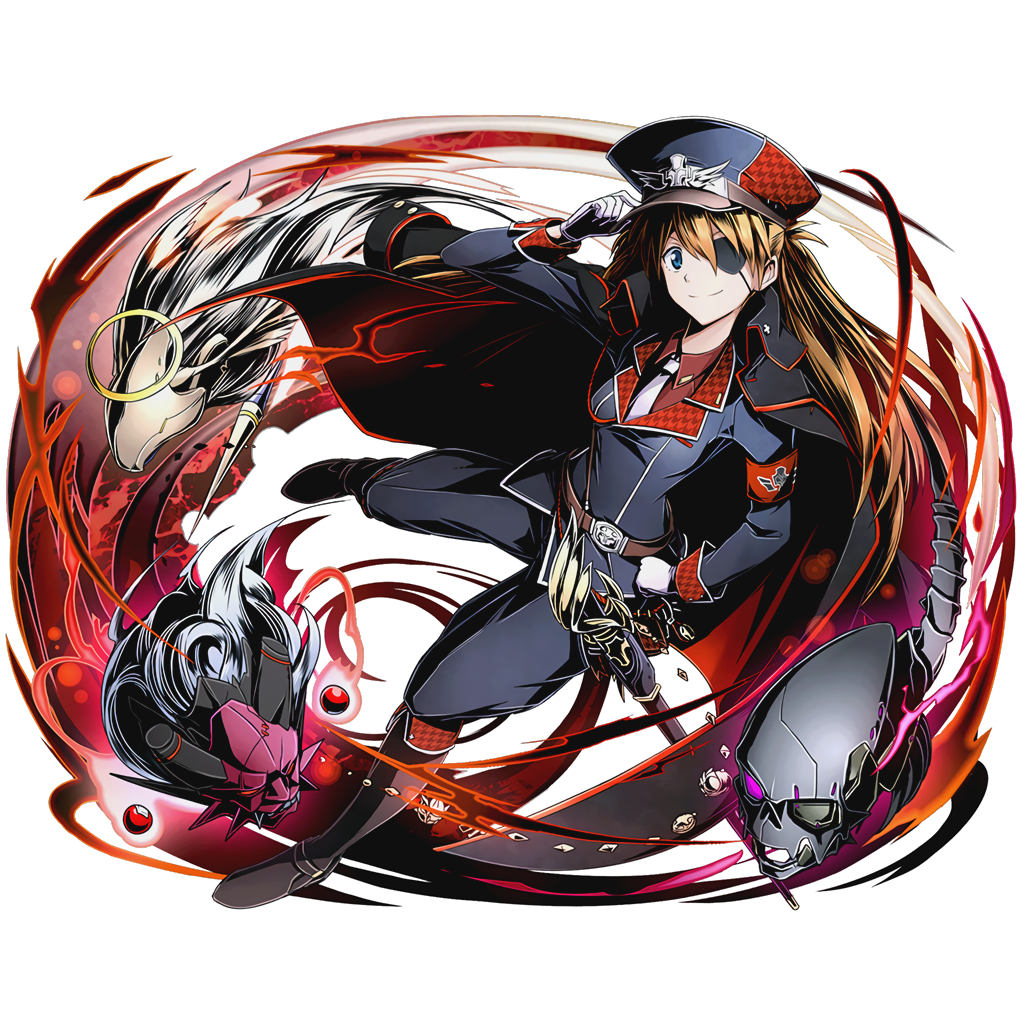 1girl alternate_costume blue_eyes brown_hair cape divine_gate eyepatch full_body gloves hair_between_eyes hand_on_hip hat long_hair looking_at_viewer military military_hat military_uniform necktie neon_genesis_evangelion official_art smile solo souryuu_asuka_langley transparent_background ucmm uniform white_gloves white_necktie