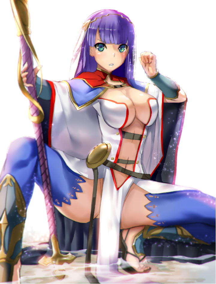 1girl arm_guards armadillo-tokage bangs blue_legwear blunt_bangs blush breasts center_opening cleavage eyebrows_visible_through_hair fate/grand_order fate_(series) fighting_stance foreshortening furrowed_eyebrows green_eyes groin holding holding_staff large_breasts loincloth long_sleeves looking_at_viewer navel no_panties outstretched_arm parted_lips pelvic_curtain purple_hair revealing_clothes saint_martha sandals shin_guards simple_background solo spread_legs staff stomach thigh-highs thighs toes veil water white_background wide_sleeves
