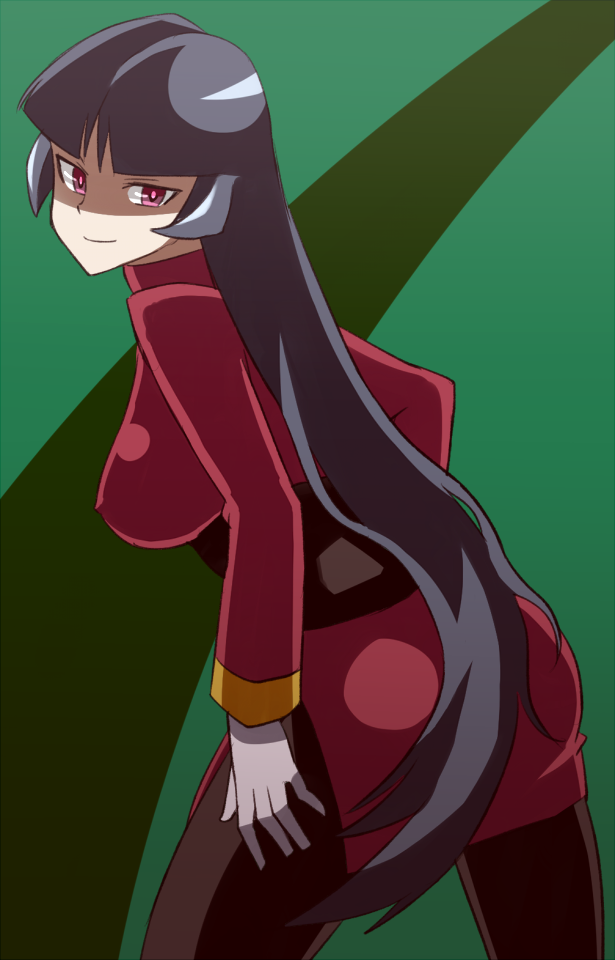 1girl ass bangs black_legwear blunt_bangs bodystocking breasts closed_mouth cowboy_shot crop_top erect_nipples from_behind gloves grey_background gym_leader hand_on_thigh large_breasts leaning_forward long_hair long_sleeves looking_at_viewer looking_back miniskirt nakaba natsume_(pokemon) pantyhose pink_eyes pokemon pokemon_(game) pokemon_frlg purple_hair red_shirt red_skirt shirt side_slit skirt smile solo tsurime turtleneck two-tone_background very_long_hair white_gloves