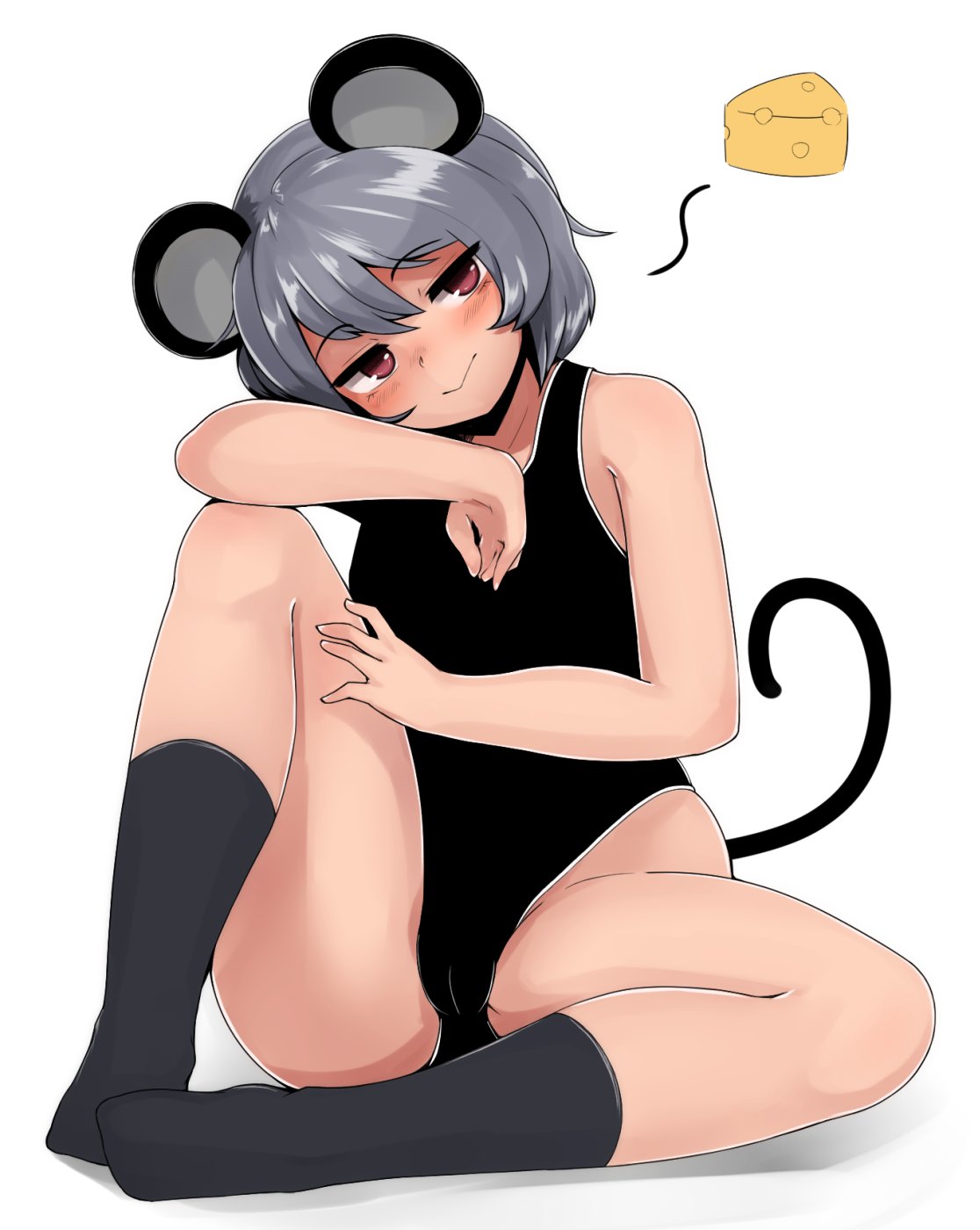 1girl alternate_costume animal_ears bangs black_leotard blush breasts cheese colored food full_body grey_hair grey_legwear hair_between_eyes half-closed_eyes head_tilt highres hips knee_up leotard looking_to_the_side mouse_ears mouse_tail nazrin oozon_(ozon) outline red_eyes short_hair simple_background sitting small_breasts socks solo tail thighs touhou white_background