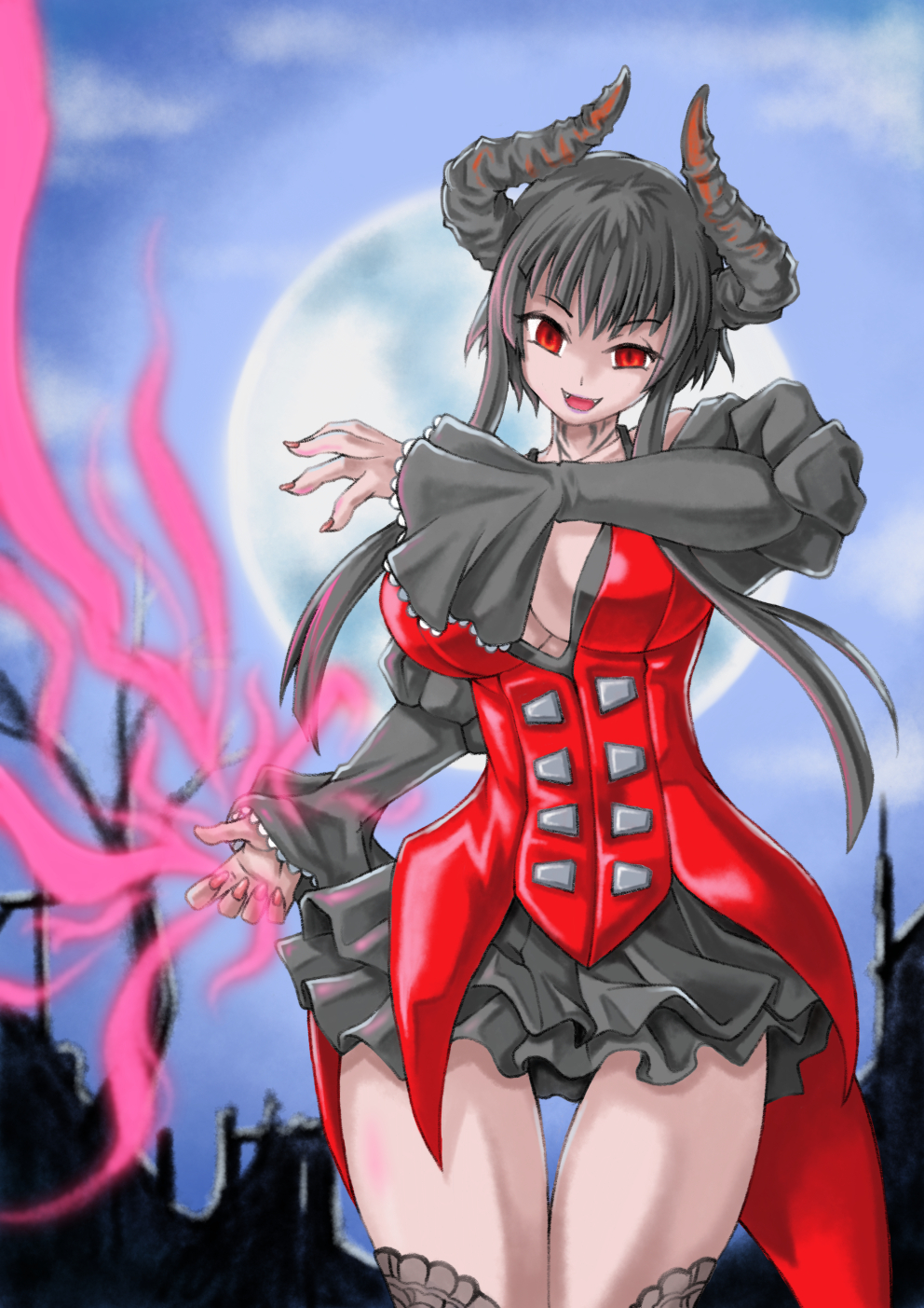 1girl aura bare_shoulders black_hair black_panties breasts cleavage coattails demon_horns detached_sleeves eliza_(tekken) fangs flower full_moon grin highres horns large_breasts moon nail_polish namco over-kneehighs pale_skin panties pantyshot pantyshot_(standing) red_eyes rose short_hair short_hair_with_long_locks smile solo standing takeuma_key tattoo tekken thigh-highs thigh_gap underwear