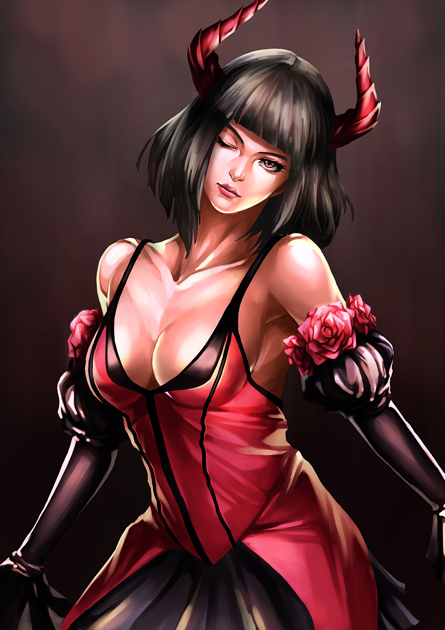 1girl bangs bare_shoulders binarytale black_hair blunt_bangs bob_cut breasts cleavage collarbone demon_horns detached_sleeves dress eliza_(tekken) eyebrows eyelashes flower head_tilt highres horns juliet_sleeves lips lipstick long_sleeves makeup namco nose one_eye_closed puffy_sleeves red_dress red_eyes short_hair solo tekken tekken_7 vampire