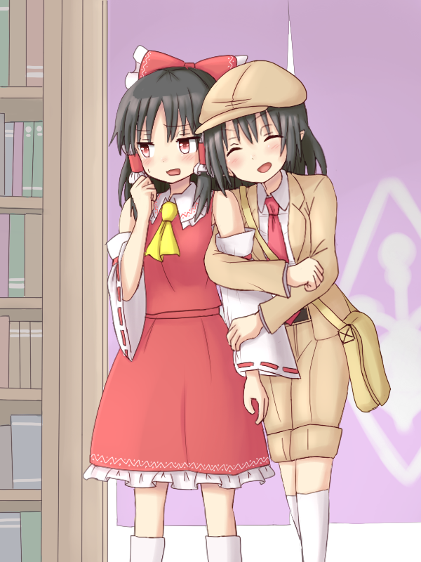 2girls arm_hug ascot bag black_hair blush bookshelf bow closed_eyes commentary_request cowboy_shot curtains dadamori detached_sleeves flat_cap forbidden_scrollery hair_bow hair_tubes hakurei_reimu hand_up hat indoors jacket jitome kneehighs knickers looking_to_the_side multiple_girls necktie open_clothes open_jacket open_mouth over-kneehighs pointy_ears red_eyes red_necktie satchel shameimaru_aya short_hair skirt skirt_set standing thigh-highs touhou white_legwear yellow_ascot