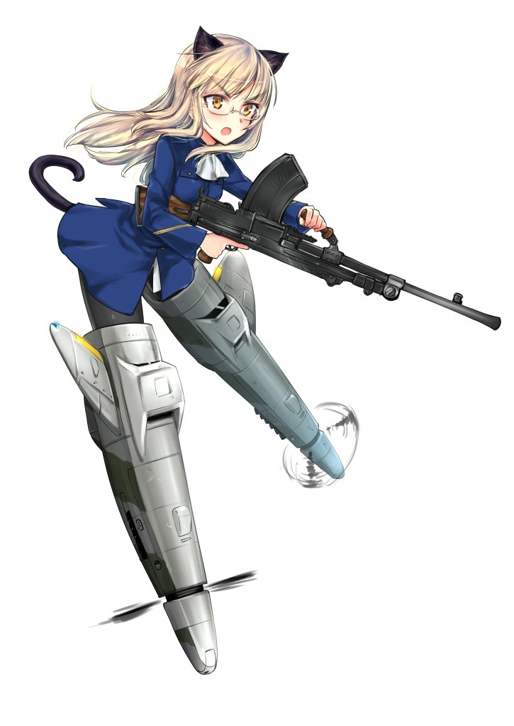 1girl amefre animal_ears ascot black_legwear blonde_hair blue_jacket bren_lmg cat_ears cat_tail flying full_body glasses gun holding holding_weapon jacket long_hair looking_to_the_side machine_gun military military_uniform no_pants open_mouth pantyhose perrine_h_clostermann simple_background solo strike_witches striker_unit tail uniform weapon white_background world_witches_series yellow_eyes