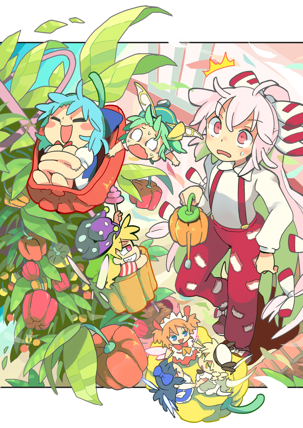 6+girls american_flag_shirt bell_pepper black_hair blonde_hair blue_bow blue_dress blue_hair blush blush_stickers bottle bow cirno closed_eyes clownpiece commentary_request daiyousei dress fairy_wings fujiwara_no_mokou green_dress green_hair grin hair_bow hand_holding hat highres jester_cap long_hair long_sleeves luna_child moyazou_(kitaguni_moyashi_seizoujo) multiple_girls ofuda orange_hair pants pepper plant polka_dot poop_on_a_stick puffy_short_sleeves puffy_sleeves red_eyes shirt short_sleeves smile star_sapphire striped sunny_milk suspenders sweat teeth torch touhou very_long_hair water_bottle white_dress white_hair white_shirt wings