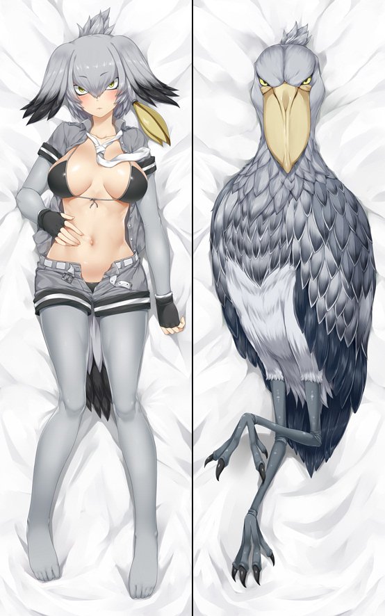 1girl arm_at_side bangs bed_sheet belt bikini bird bird_wings black_bikini black_gloves black_hair bodystocking breast_pocket breasts closed_mouth collarbone collared_shirt dakimakura darkmaya eyebrows_visible_through_hair eyelashes fingerless_gloves from_above front-tie_bikini front-tie_top full_body gloves grey_belt grey_legwear grey_shirt grey_shorts groin hair_between_eyes hair_ornament hair_tie hand_on_own_stomach head_wings kemono_friends legs_apart long_hair looking_at_viewer low_ponytail lying medium_breasts midriff multicolored_hair multiple_views navel necktie on_back open_clothes open_fly open_shirt orange_hair pantyhose pocket shirt shoebill shoebill_(kemono_friends) short_sleeves shorts side_ponytail silver_hair sleeve_cuffs solo string_bikini swimsuit too_literal tsurime two-tone_hair unbuttoned unzipped white_necktie wing_collar wings yellow_eyes