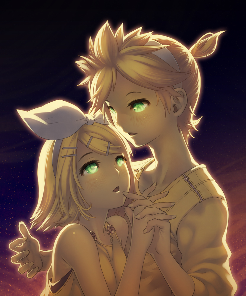 bare_shoulders blonde_hair blush brother_and_sister eye_contact glowing glowing_eyes green_eyes hand_holding hands holding_hands kagamine_len kagamine_rin kunieda ponytail short_hair siblings star stars twins vocaloid