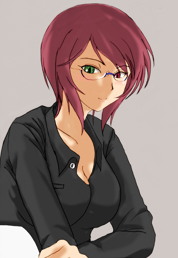 bespectacled blush brown_hair casual glasses green_eyes heterochromia red_eyes rozen_maiden short_hair souseiseki