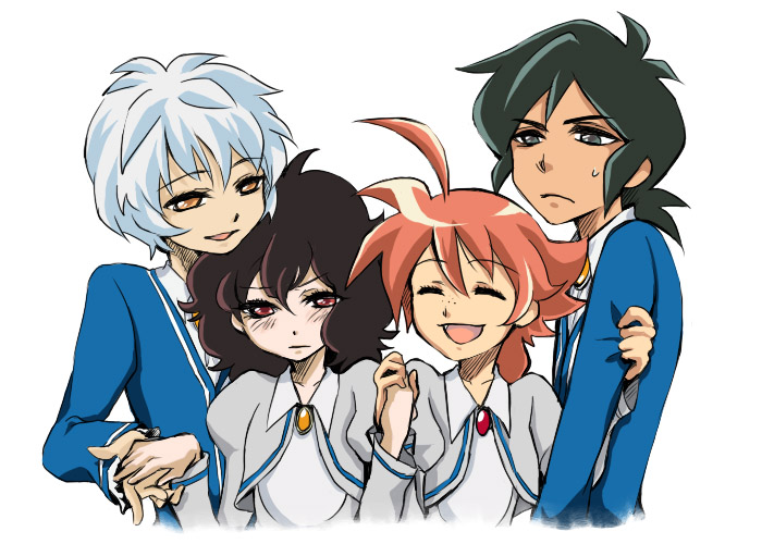 2girls ahiru ahoge arm_holding black_hair closed_eyes couple fakir freckles hand_holding holding_hands kca multiple_boys multiple_girls mytho mythos orange_eyes orange_hair princess_tutu red_eyes rue rue_(princess_tutu) school_uniform silver_hair