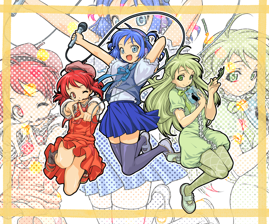 art_brush bad_id blue_eyes blue_hair green_eyes green_hair long_hair microphone mouth_hold multiple_girls paintbrush red_eyes red_hair redhead short_hair sunabe thigh-highs thighhighs