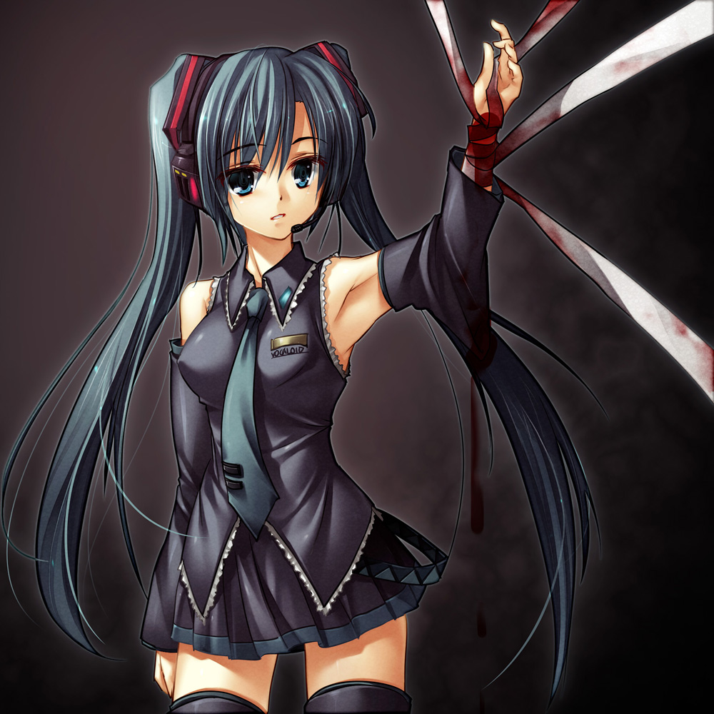 aqua_hair bandage bandages blood detached_sleeves hatsune_miku long_hair mee_(pixiv61701) necktie skirt thighhighs twintails vocaloid