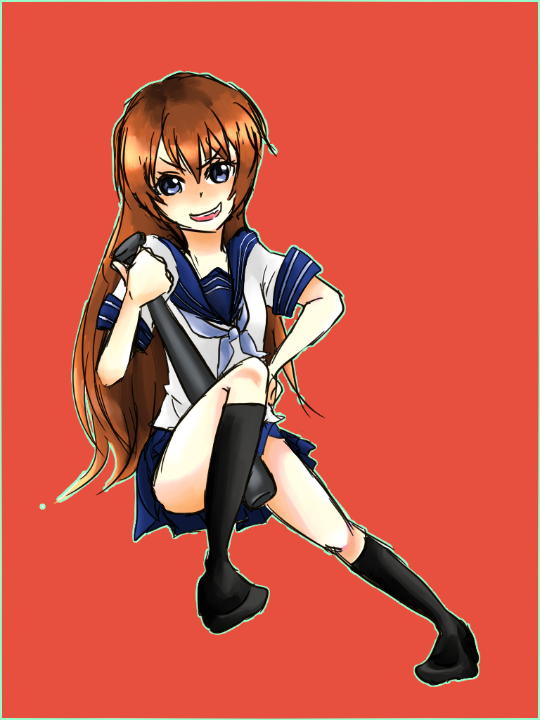 baseball_bat blue_eyes genderswap higurashi_no_naku_koro_ni long_hair maebara_keiichi skirt tawashi