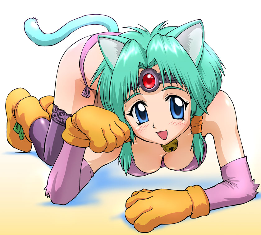 animal_ears aqua_hair bell blue_eyes blush boots breasts cat_ears cat_pose cat_tail circlet cleavage elbow_gloves gloves haou_taikei_ryuu_knight paffy_pafuricia panties paw_pose paws smile tail thigh-highs thighhighs ueyama_michirou underwear
