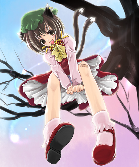 bandaid brown_hair cat_ears cat_tail chen earrings from_below in_tree jewelry kubozuka_pikurou short_hair sitting sitting_in_tree tail touhou tree tree_sitting trees