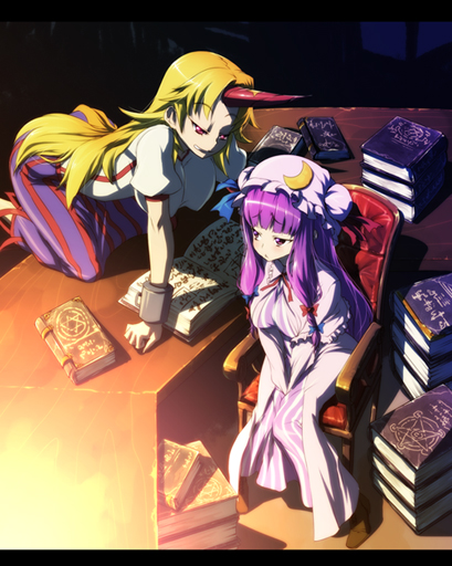 :&lt; all_fours armchair bangs blonde_hair blunt_bangs book breasts frown hanging_breasts hat horn horns hoshiguma_yugi hoshiguma_yuugi impossible_clothes impossible_shirt large_breasts long_hair multiple_girls nekomamire patchouli_knowledge purple_eyes purple_hair red_eyes sitting table touhou v_arms