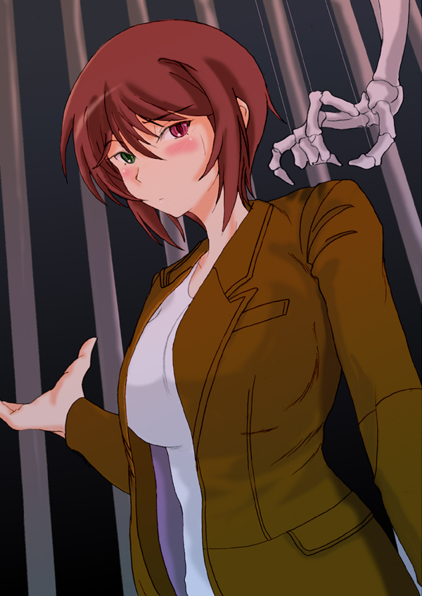 blush brown_hair casual green_eyes heterochromia red_eyes rozen_maiden short_hair skeleton souseiseki