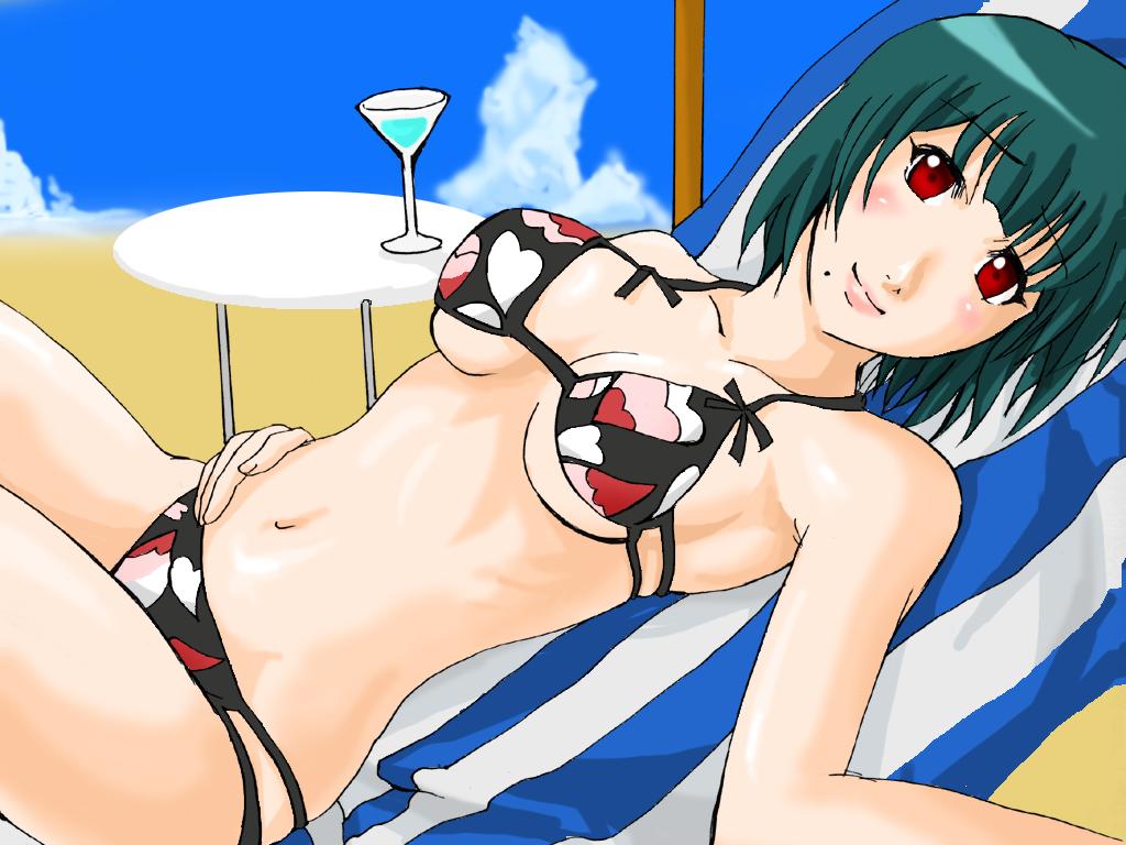 blush breasts green_hair idolmaster mole otonashi_kotori red_eyes red_p short_hair smile solo string_bikini swimsuit under_boob underboob