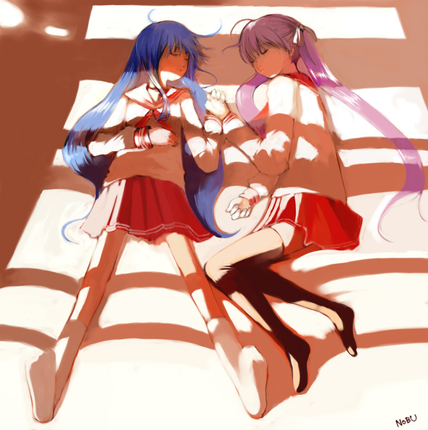 black_legwear blue_hair closed_eyes hair_ribbon hand_holding hiiragi_kagami holding_hands izumi_konata light long_hair lucky_star multiple_girls nobusnow on_back on_side pleated_skirt purple_hair ribbon school_uniform serafuku skirt sleeping socks thigh-highs thighhighs twintails very_long_hair zettai_ryouiki