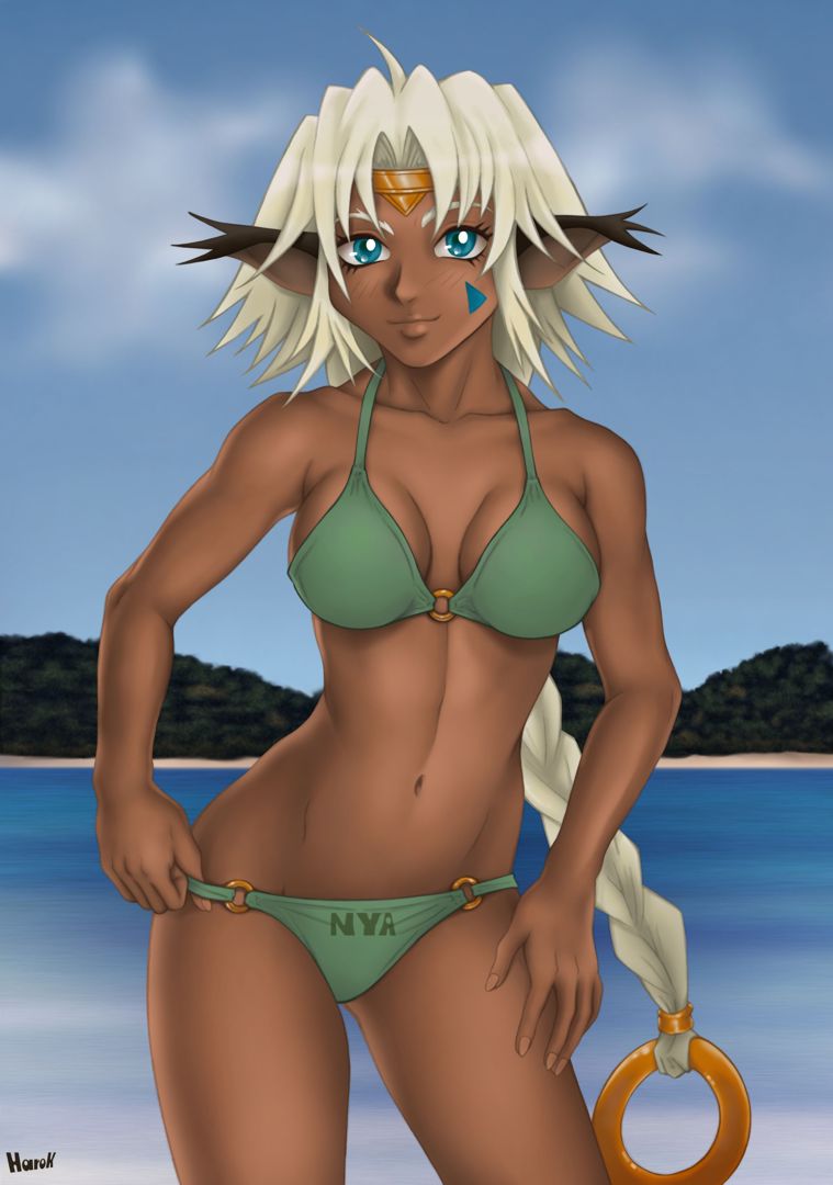 animal_ears beach bikini blue_eyes braid cat_ears circlet dark_skin harok jewelry long_hair navel outlaw_star pointy_ears ring silver_hair solo swimsuit white_hair