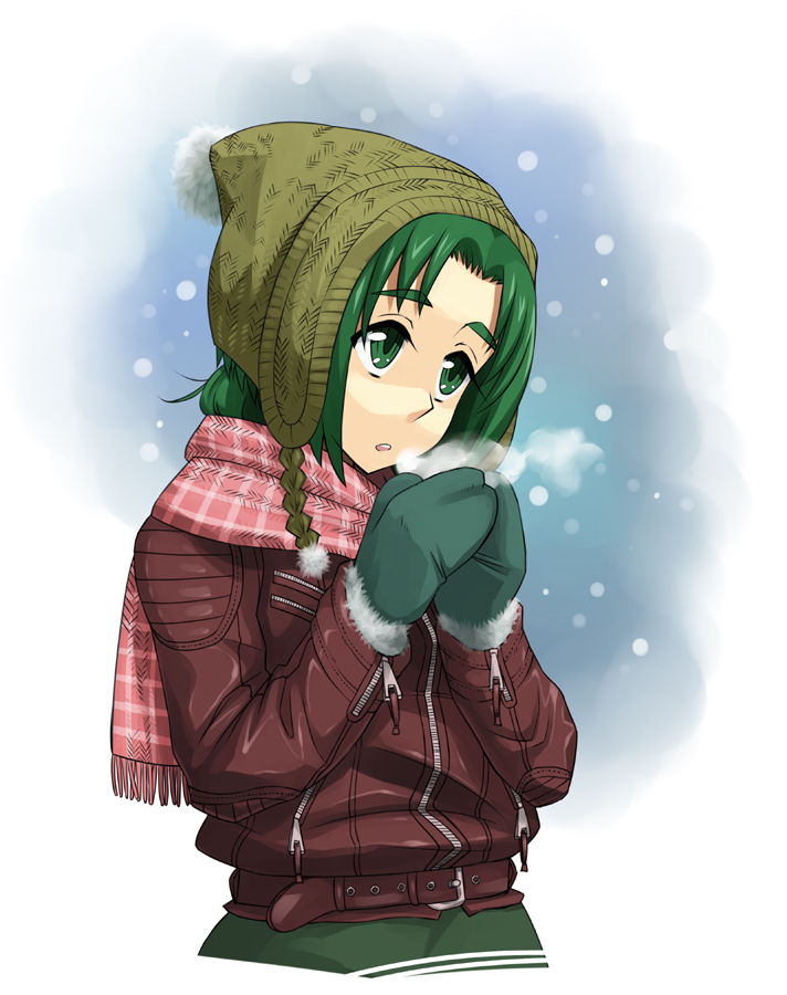 beanie breath enoshima_iki futari_wa_pretty_cure gloves green_eyes green_hair hat jacket leather_jacket leatherjacket mittens muffler precure scarf snow solo winter winter_clothes yes!_precure_5