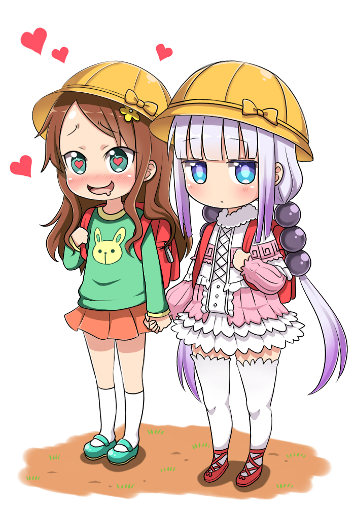 2girls backpack bag blue_eyes brown_hair capelet commentary_request drooling gradient_hair green_eyes hair_tubes hand_holding hat heart heart-shaped_pupils kanna_kamui kneehighs kobayashi-san_chi_no_maidragon long_hair looking_at_viewer low_twintails mary_janes multicolored_hair multiple_girls pleated_skirt randoseru saikawa_riko school_hat shoes silver_hair simple_background skirt symbol-shaped_pupils the_dark thigh-highs twintails white_background white_legwear zettai_ryouiki