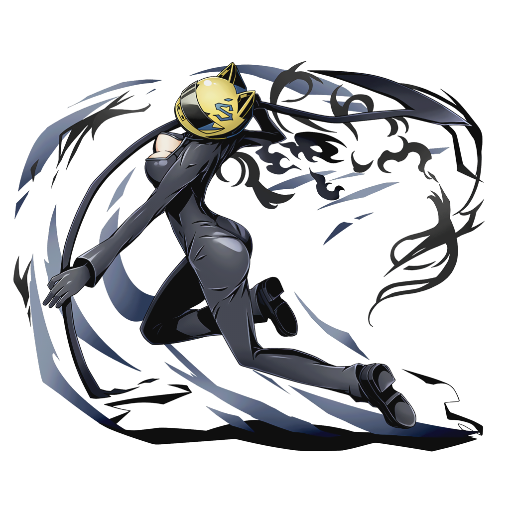 1girl ass black_gloves bodysuit breasts celty_sturluson cleavage divine_gate durarara!! full_body gloves head_tilt helmet holding holding_weapon medium_breasts official_art open_clothes scythe solo transparent_background ucmm weapon