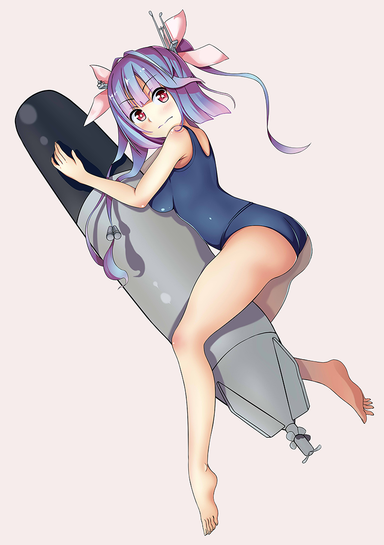 1girl 3: aicky bare_legs barefoot blue_hair gradient_hair i-19_(kantai_collection) kantai_collection long_hair looking_at_viewer multicolored_hair red_eyes school_swimsuit simple_background solo star star-shaped_pupils swimsuit symbol-shaped_pupils torpedo tri_tails