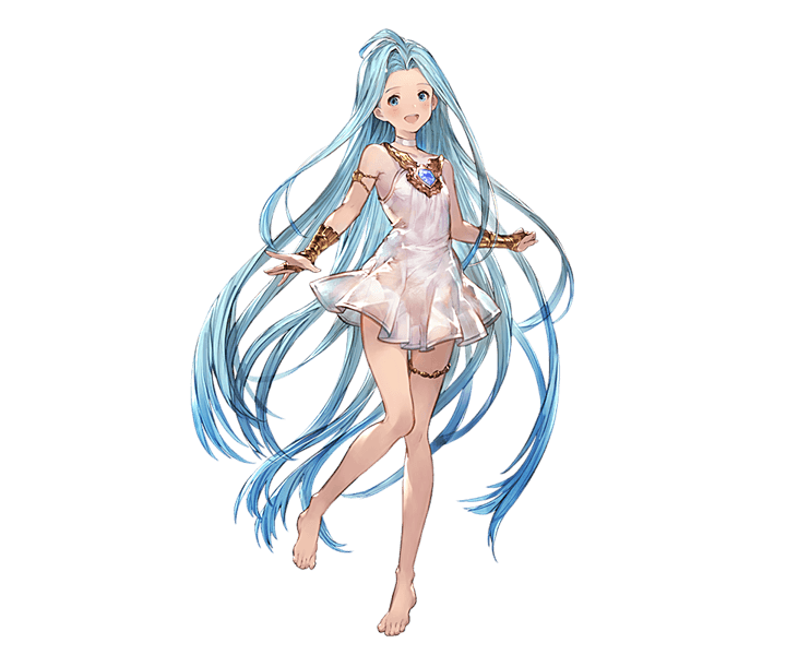 1girl barefoot blue_eyes blue_hair bridal_gauntlets collar dress full_body gem granblue_fantasy jewelry long_hair looking_away lyria_(granblue_fantasy) minaba_hideo official_art open_mouth short_dress smile solo thigh_strap transparent_background white_dress