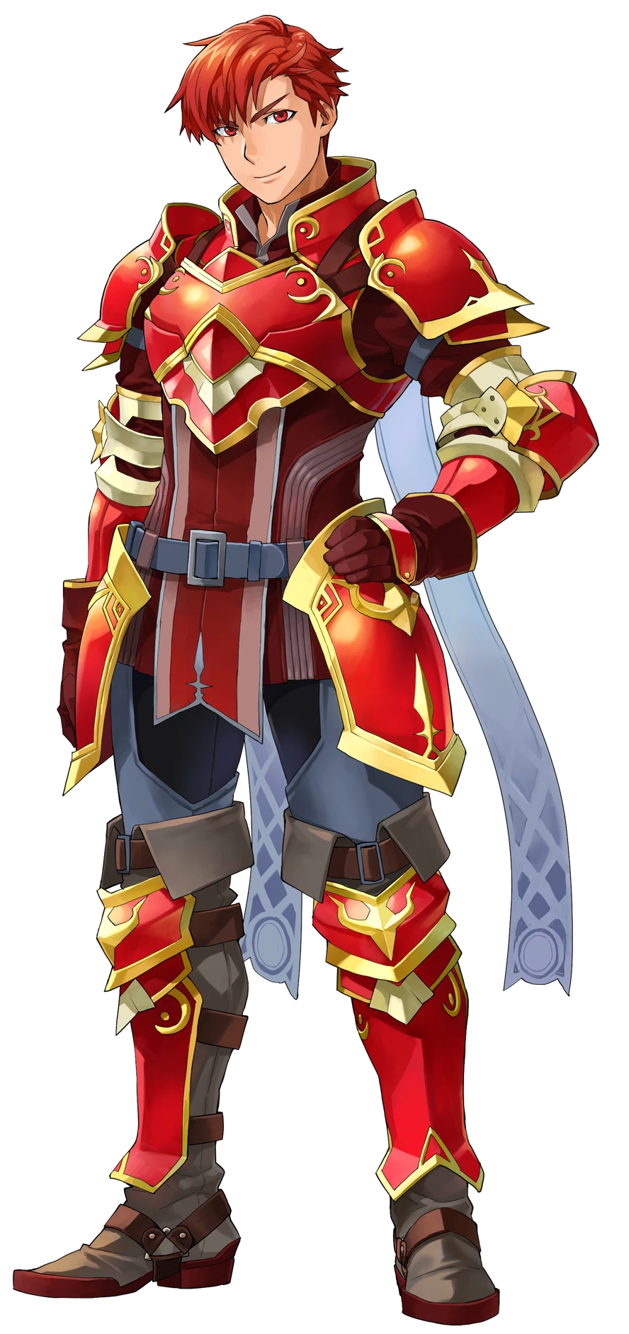 armor armored_boots belt boots breastplate cain_(fire_emblem) closed_mouth fire_emblem fire_emblem:_mystery_of_the_emblem fire_emblem_heroes full_body gloves hand_on_hip highres indesign looking_at_viewer no_headwear no_helmet pauldrons red_eyes red_gloves redhead short_hair simple_background smile