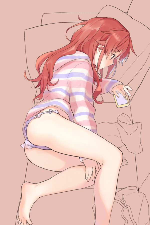 1girl alternate_hairstyle ass barefoot cellphone chigusa_asuha frilled_panties frills from_side hair_down lineart long_hair loungewear lying no_pants on_side panties partially_colored phone pillow profile purple_panties qualidea_code redhead sekiya_asami smartphone solo spread_toes striped_hoodie underwear