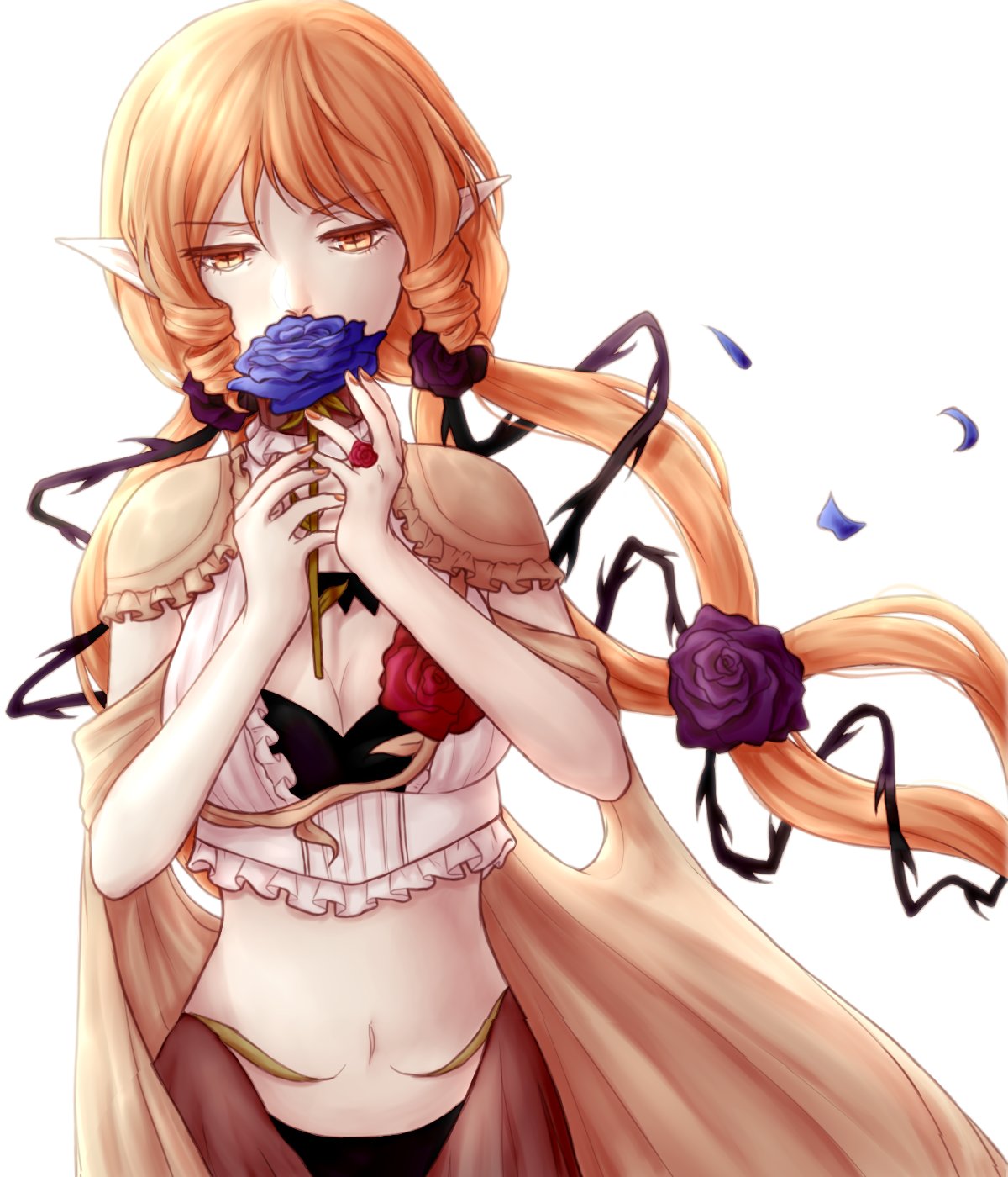 1girl blonde_hair cape covering_mouth drill_hair elf flower highres mahou_shoujo_ikusei_keikaku mahou_shoujo_ikusei_keikaku_restart melville navel petals plant pointy_ears qinuu rose simple_background solo twintails vines yellow_eyes