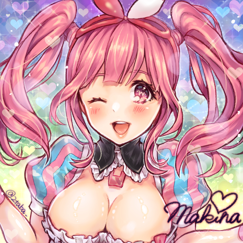 1girl aoi_wakashi_futaba breasts cleavage large_breasts macross macross_delta makina_nakajima one_eye_closed open_mouth pink_eyes pink_hair pose signature twintails winking