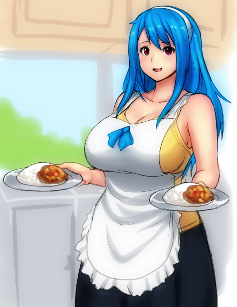 1girl apron bare_shoulders black_skirt blue_hair breasts chemise cleavage collarbone cowboy_shot curry curry_rice erkaz food hairband holding holding_plate huge_breasts kitchen long_hair looking_at_viewer mature older original plate plump red_eyes rice rina_atherina skirt smile solo