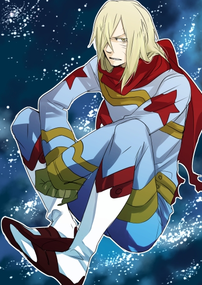 &gt;:( 1boy blonde_hair bodysuit boots clenched_teeth commentary_request ellipse eyebrows_visible_through_hair eyes_visible_through_hair facial_scar full_body galaxy gloves gold_trim hair_over_one_eye knees_up long_hair long_sleeves looking_at_viewer male_focus multicolored multicolored_bodysuit multicolored_clothes outline oversized_limbs red_scarf sanpaku scar scarf sharp_teeth sitting slit_pupils solo star star_print starry_background teeth tengen_toppa_gurren_lagann torn_scarf viral white_boots white_outline yellow_eyes yellow_gloves