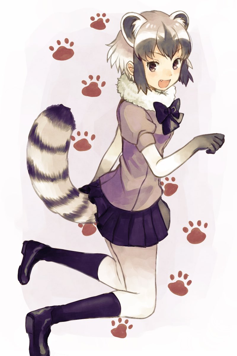 &gt;:d 1girl :d animal_ears black_footwear black_hair black_legwear black_skirt brown_eyes clenched_hand collar eyelashes fang fur_collar gloves highres jumping kemono_friends kneehighs kurodeko looking_at_viewer multicolored_hair neck_ribbon open_mouth paw_background paw_pose pleated_skirt puffy_short_sleeves puffy_sleeves purple_background raccoon_(kemono_friends) raccoon_ears raccoon_tail ribbon shirt shoe_soles short_hair short_sleeves sidelocks skirt smile socks solo striped_tail tail tsurime two-tone_hair white_hair