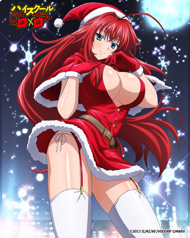 1girl ahoge belt blue_eyes breasts company_name copyright_name garter_straps gloves hat high_school_dxd large_breasts long_hair official_art red_gloves redhead rias_gremory santa_costume santa_hat snowflakes solo thigh-highs white_legwear