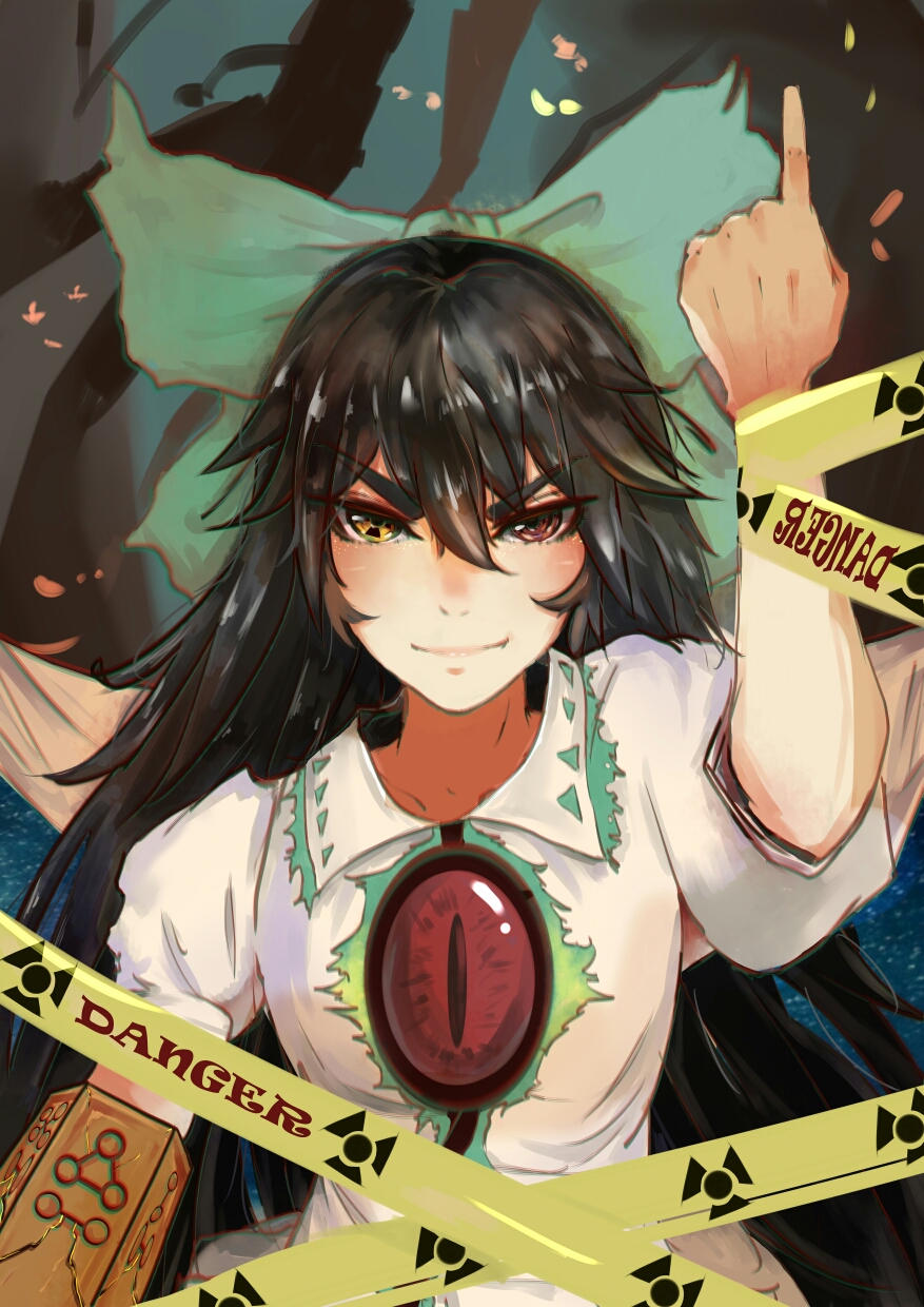 &gt;:) 1girl arm_at_side arm_cannon arm_up baozhi black_hair bow cape caution_tape collarbone collared_shirt evil_smile eyebrows eyebrows_visible_through_hair hair_between_eyes hair_bow heterochromia highres long_hair looking_at_viewer pointing_finger puffy_short_sleeves puffy_sleeves radiation_symbol red_eyes reiuji_utsuho shirt short_sleeves slit_pupils smile solo sparks symbol-shaped_pupils third_eye touhou upper_body weapon wing_collar yellow_eyes