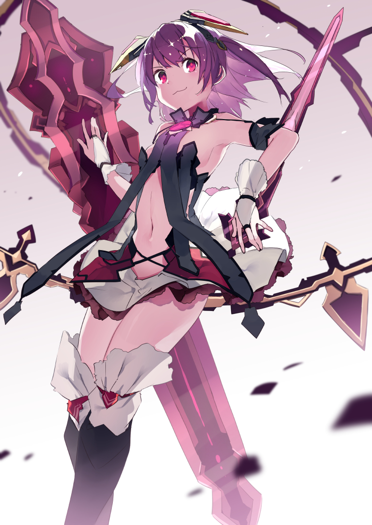 1girl boots breasts floating_swords gloves gradient gradient_background hand_on_sword kai-ri-sei_million_arthur knee_boots looking_to_the_side midriff pharsalia purple_hair red_eyes short_hair small_breasts smile usalxlusa