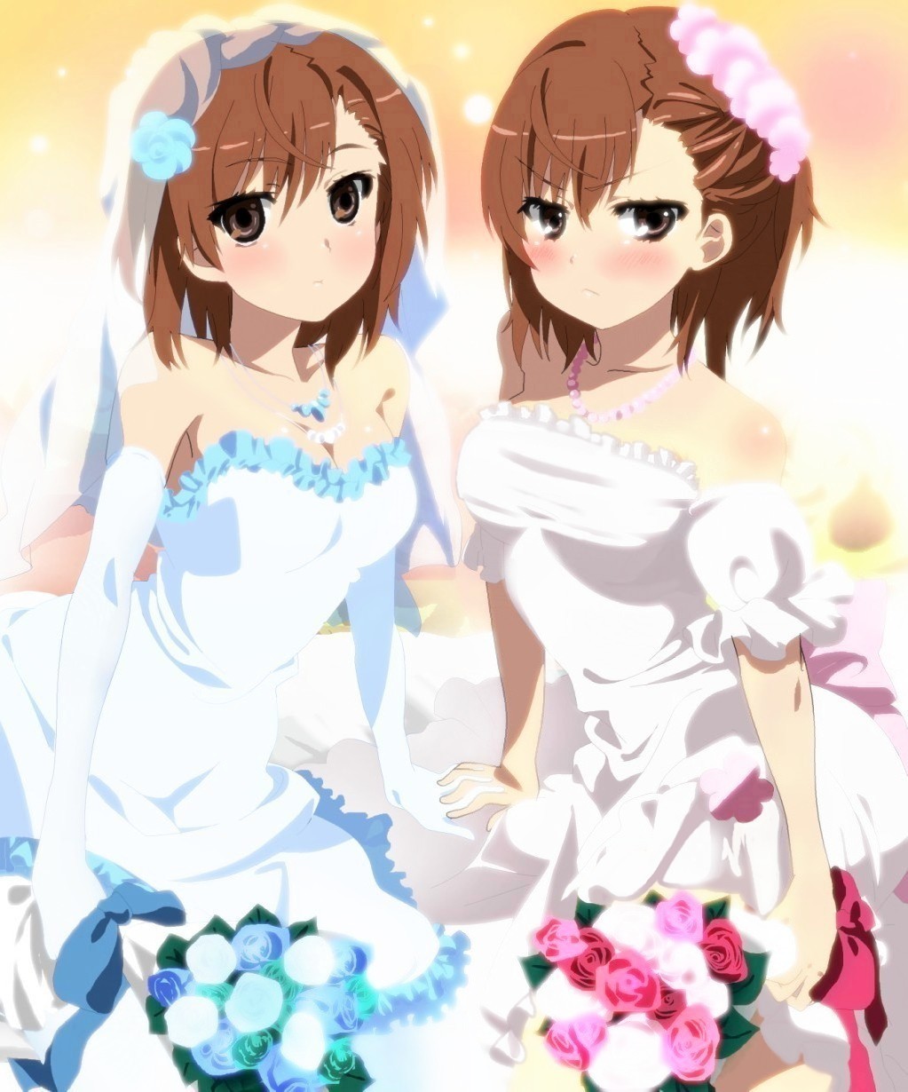 2girls alternate_costume angry arm_support bangs blue_dress blue_gloves blush bouquet breasts bridal_veil brown_eyes brown_hair cleavage closed_mouth dress elbow_gloves empty_eyes flower frown gloves green_dress green_wedding_dress hair_flower hair_ornament highres holding jewelry medium_breasts misaka_imouto misaka_mikoto momoiro_tanuki multiple_girls necklace rose siblings side-by-side sisters sitting strapless strapless_dress to_aru_kagaku_no_railgun to_aru_majutsu_no_index veil wedding_dress white_dress