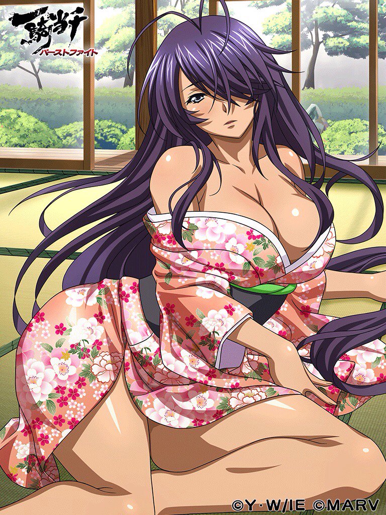 1girl bare_shoulders blush breasts cleavage grey_eyes hair_over_one_eye ikkitousen japanese_clothes kan'u_unchou kimono large_breasts long_hair looking_at_viewer official_art parted_lips purple_hair sitting solo tatami tree very_long_hair
