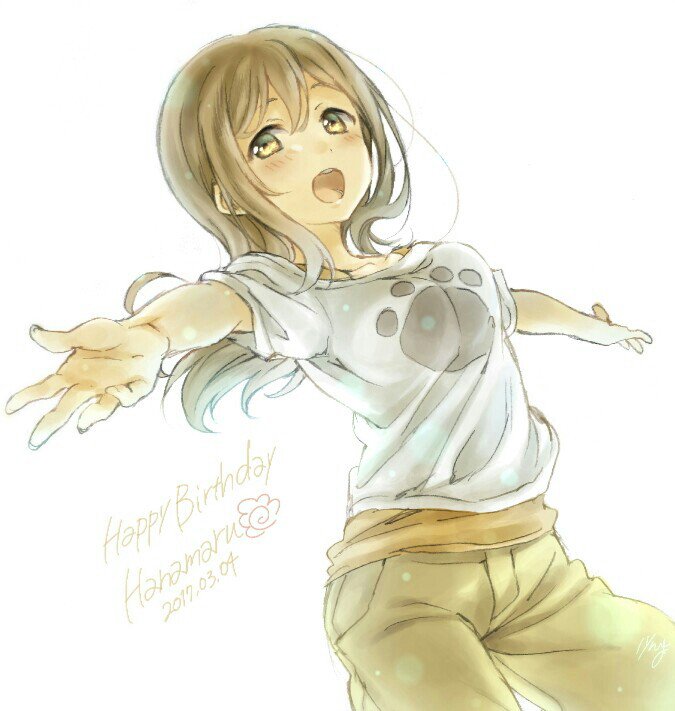 1girl :o bangs brown_eyes brown_hair character_name dated dutch_angle happy_birthday haru_hina khakis kunikida_hanamaru long_hair looking_at_viewer love_live! love_live!_sunshine!! outstretched_arms paw_print shirt short_sleeves signature simple_background solo spread_arms t-shirt white_background