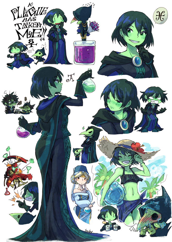 2boys 2girls blush brooch dress flower gloves green_eyes green_skin hat height_difference jewelry mona_(shovel_knight) multiple_boys multiple_girls plague_doctor_mask plague_knight potion sachy_(sachichy) shovel_knight specter_knight sun_hat sweat sweating_profusely swimsuit thought_bubble