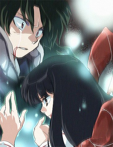 1boy 1girl anime_coloring bangs black_hair blood blood_from_mouth blunt_bangs close-up commentary commentary_request crying crying_with_eyes_open glowing inuyasha kikyou_(inuyasha) lowres maru-sima naraku_(inuyasha) profile tears