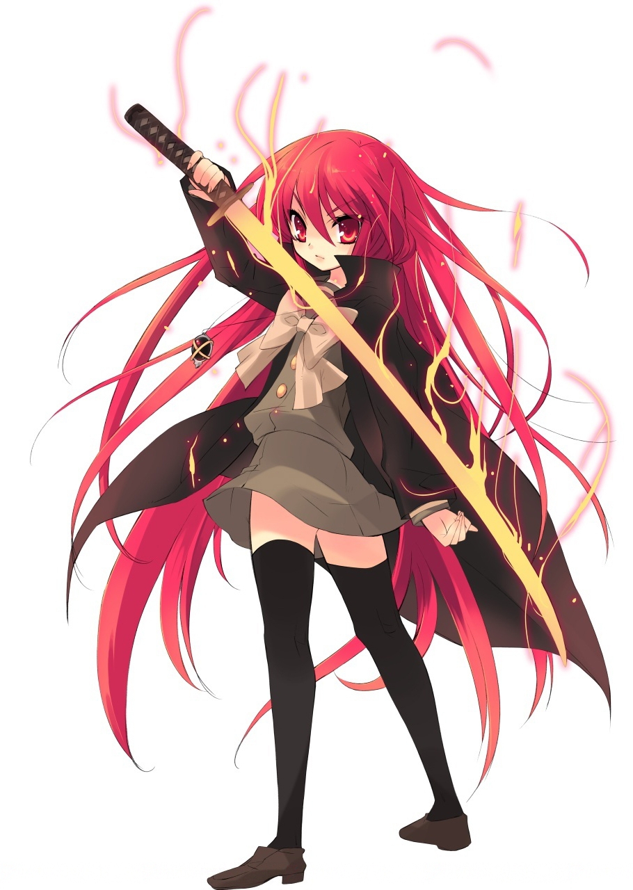 1girl black_legwear bow brown_bow cape full_body green_shirt green_skirt hair_bow highres holding holding_sword holding_weapon itou_noiji katana long_hair looking_at_viewer red_eyes redhead school_uniform shakugan_no_shana shana shirt simple_background skirt solo standing sword thigh-highs very_long_hair weapon white_background zettai_ryouiki