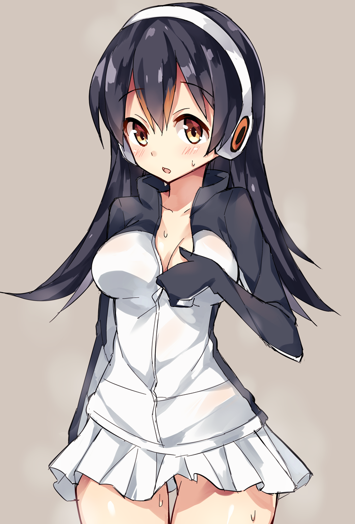 1girl black_hair blush breasts brown_eyes cleavage commentary_request eyebrows_visible_through_hair gentoo_penguin_(kemono_friends) grey_background hair_between_eyes headphones jacket kemono_friends long_hair long_sleeves looking_at_viewer multicolored_hair open_mouth red_eyes simple_background skirt sweat tareme thigh_gap unacchi_(nyusankin)